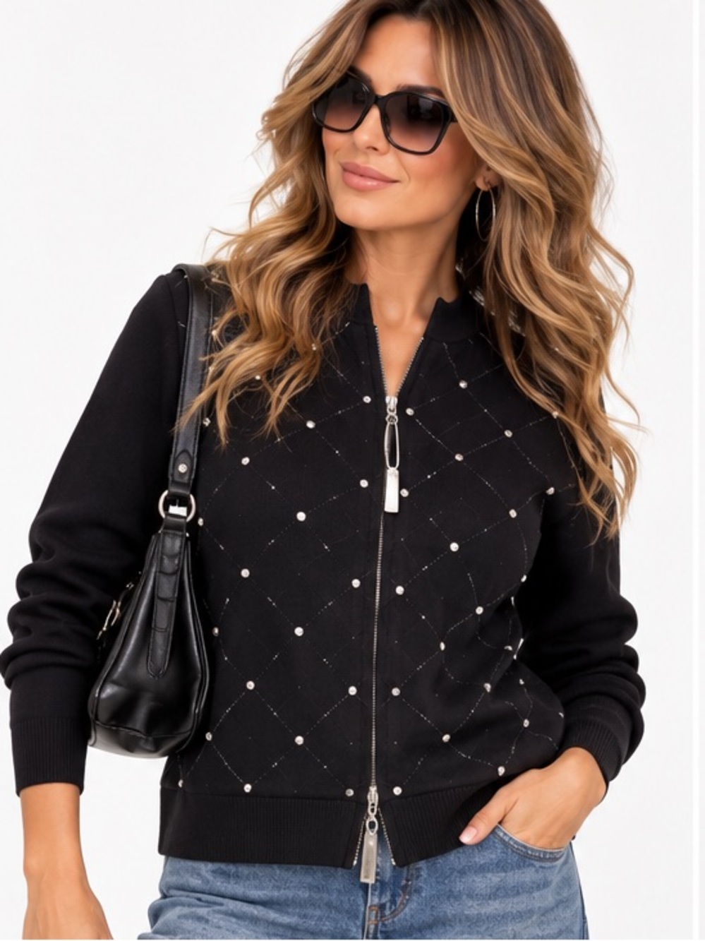 167.New Knitted Quilted Zip-Front Women's Jacket with Stud Detail